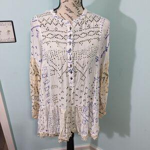 Shibori Ivory Print Long Sleeve Button-Up Tunic xs oversized